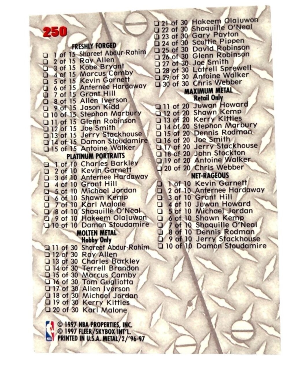 1997 Fleer Metal Basketball Card Checklist Insert S83